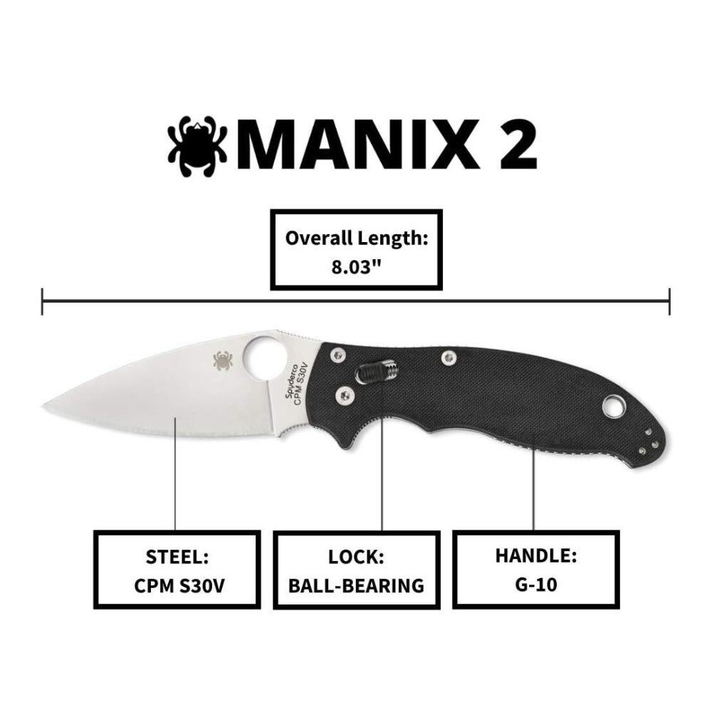 Spyderco Manix 2 3.37-Inch CPM S30V Steel Blade PlainEdge Foldable Knife (Black)