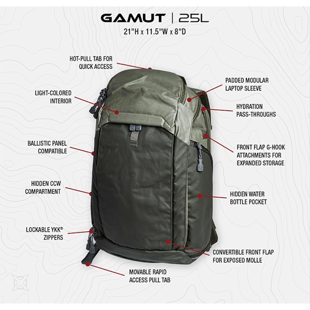Vertx Gamut EDC Tactical Backpack 25L CCW Bag Tactical Gear, for Men and Women, Rudder Green