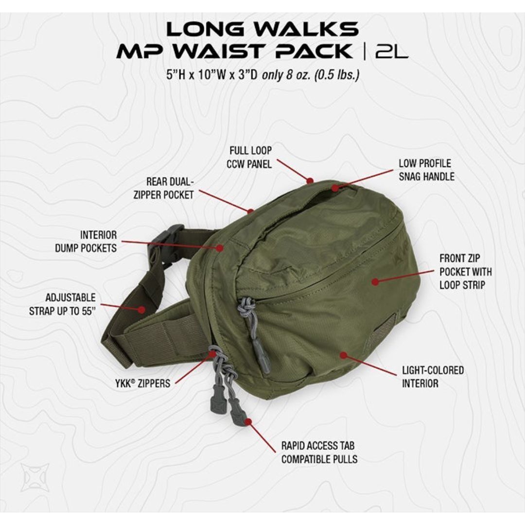 Vertx Long Walks MP 2L Tactical Waist Fanny Pack Concealed Carry Gear Bag for Travel, CCW, EDC, Work, Hiking, Outdoor