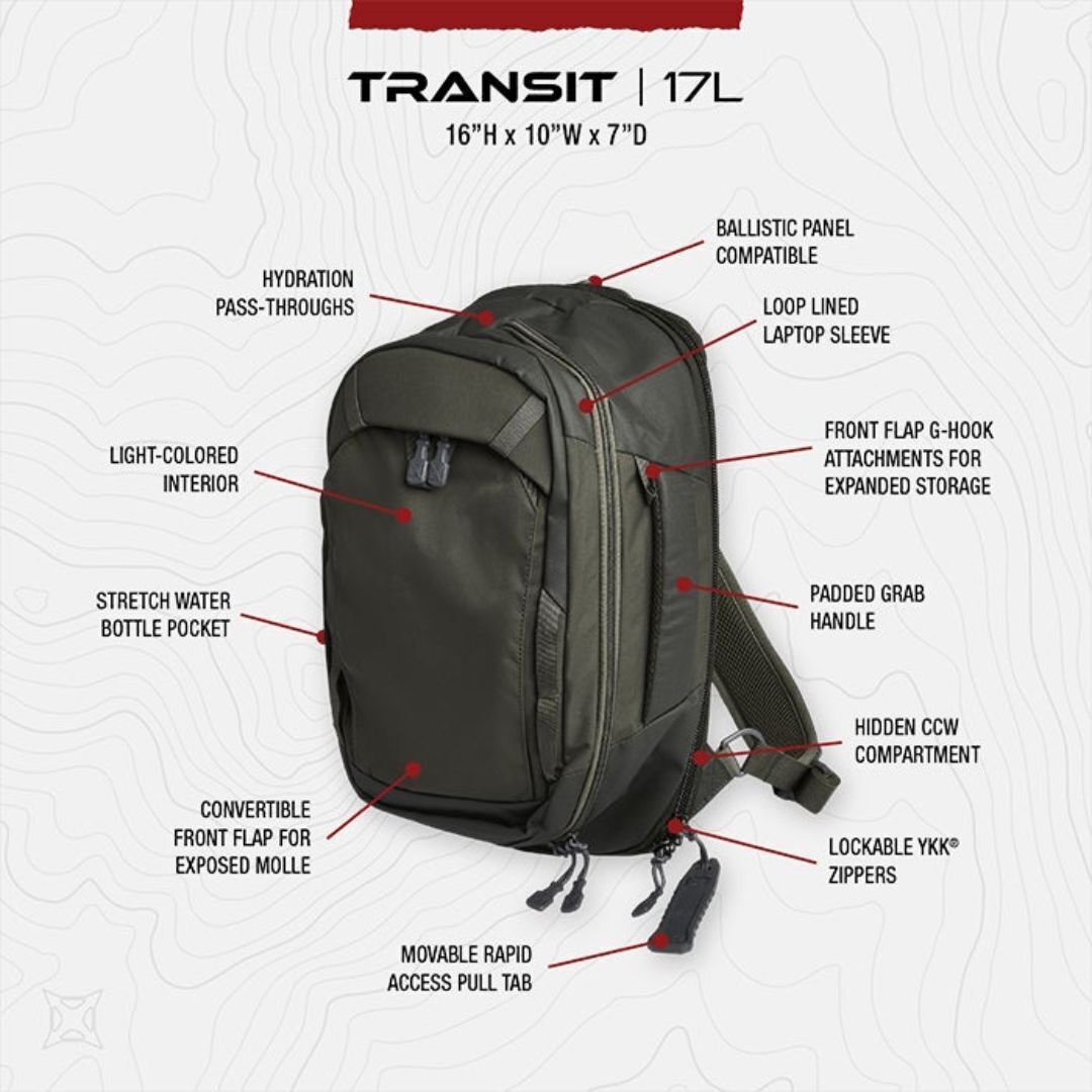 Vertx Transit Tactical Bag Sling Backpack 17L Backpack for Conceal Carry (CCW), Travel, Work, Tactical Gear, Rudder Green