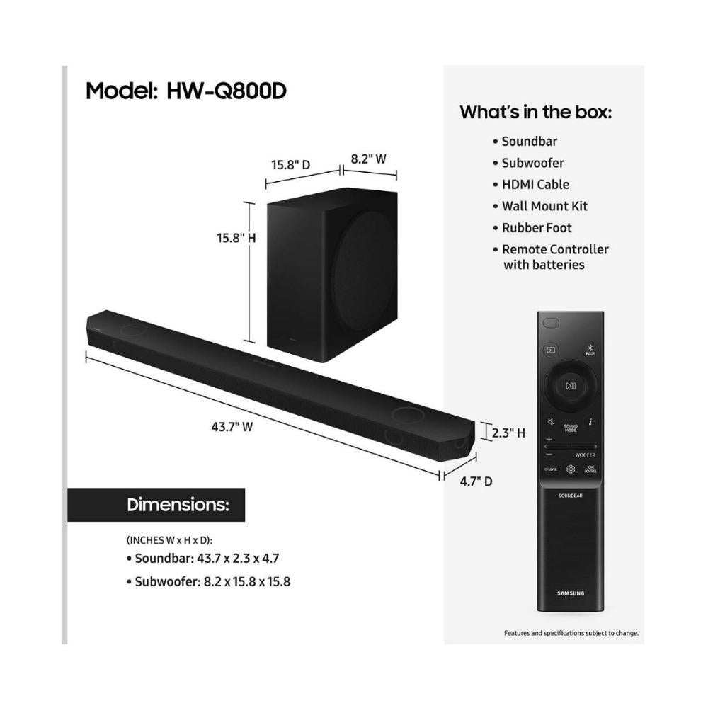 Samsung HW Q800D Q Series 5.1.2 ch. Wireless Dolby Atmos Black Soundbar - HW-Q800D/ZC