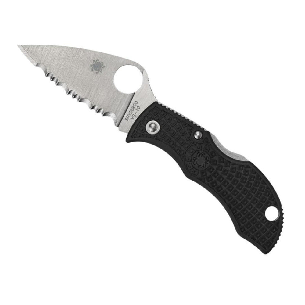 Spyderco Manbug Folding Black Knife with Full Flat Ground Serrated VG 10 Blade