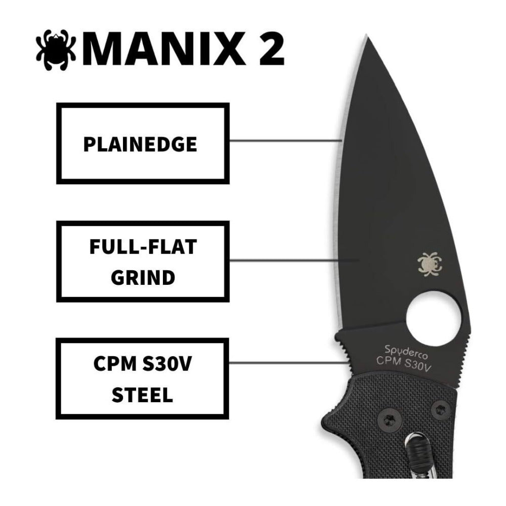 Spyderco Manix 2 Signature Black Knife with PlainEdge 3.37 Inch Blade