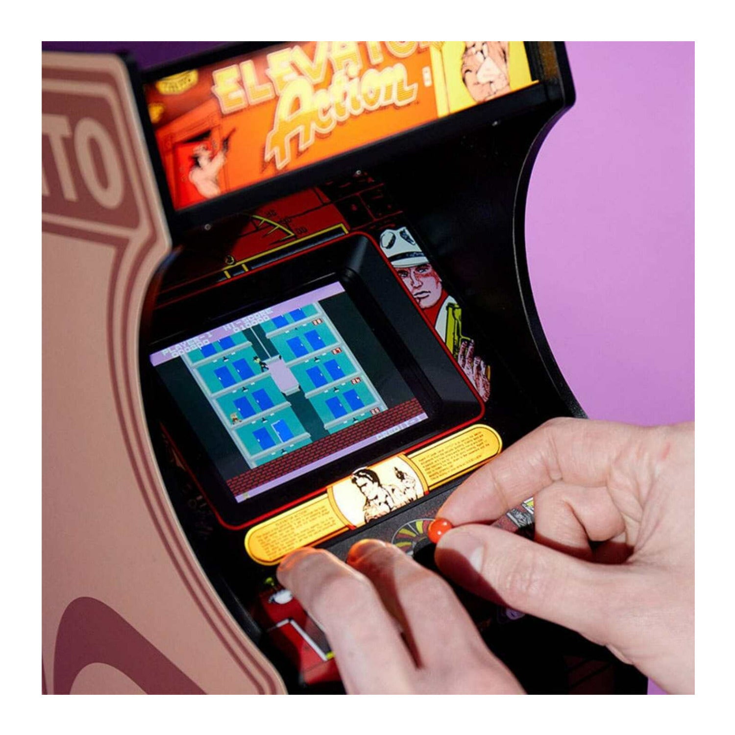 Numskull Quarter Arcades - Elevator Action Mini Arcade - 1/4 Scale Authentic Wooden Replica, Original ROM, Rechargeable Battery & 3W Speakers for Retro Enthusiasts