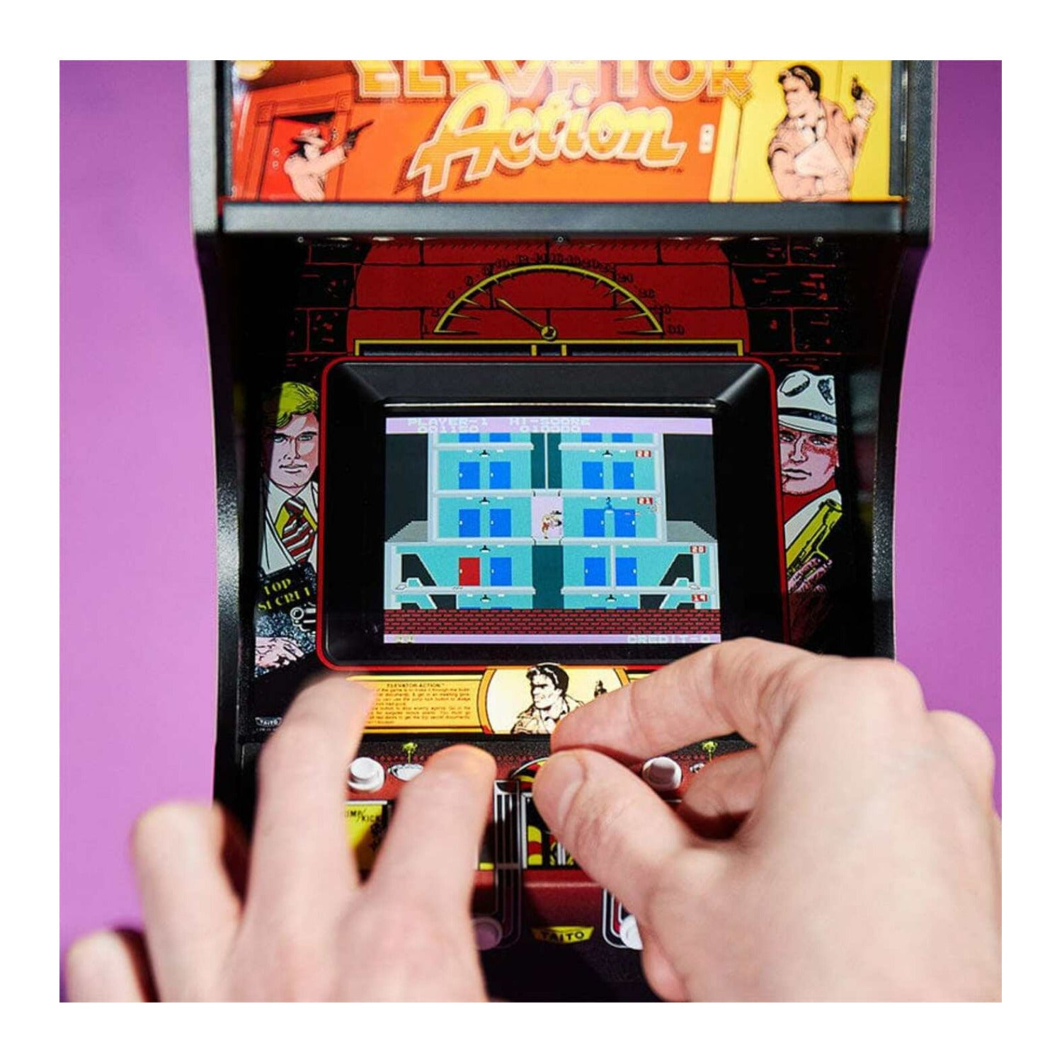 Numskull Quarter Arcades - Elevator Action Mini Arcade - 1/4 Scale Authentic Wooden Replica, Original ROM, Rechargeable Battery & 3W Speakers for Retro Enthusiasts